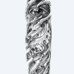 Design del tatuaggio semi-permanente Dragon Eye & Skull di INKON – illustrazione drammatico, manica, intera, penetrante, drago, 8 x 20 in (20x50cm), disponibile su inkon.co