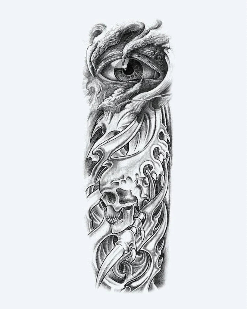 Design del tatuaggio semi-permanente Dragon Eye & Skull di INKON – illustrazione drammatico, manica, intera, penetrante, drago, 8 x 20 in (20x50cm), disponibile su inkon.co