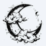 Design del tatuaggio semi-permanente Crescent Moon & Clouds di INKON – illustrazione sognante, falce, luna, cullata, soffici, 4 x 4 in (9x9cm), disponibile su inkon.co