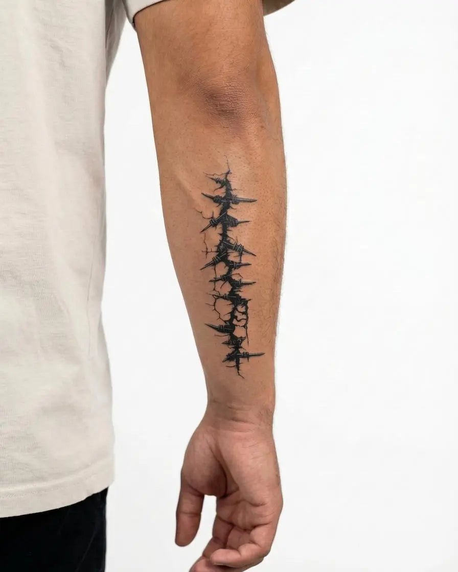 Tatuaggio semi-permanente INKON Cicatrice di Filo Spinato applicato su un uomo – design 4 x 7 in (10x17cm), aspetto realistico dell'inchiostro, dura 10 giorni