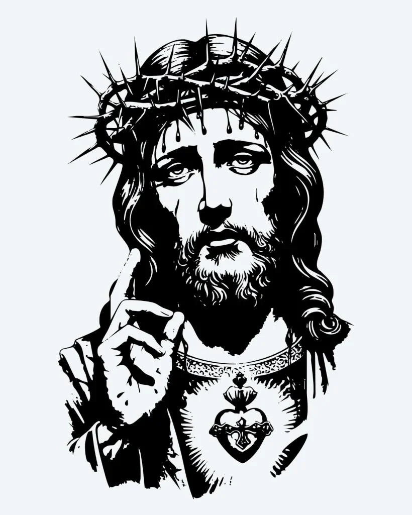 Design del tatuaggio semi-permanente Cristo con Corona di Spine di INKON – illustrazione ritratto, gesù, indossa, corona, spine, 4 x 7 in (10x17cm), disponibile su inkon.co