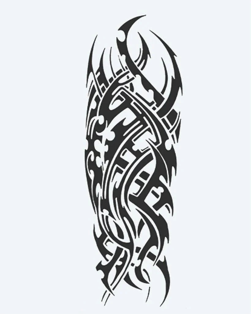 Design del tatuaggio semi-permanente Cyber Tribal di INKON – illustrazione dinamico, manica, intera, avvolgenti, tribale, 8 x 20 in (20x50cm), disponibile su inkon.co