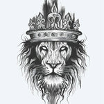 Design del tatuaggio semi-permanente Leone Coronato di INKON – illustrazione maestosa, leone, testa, indossa, ornata, 4 x 7 in (10x17cm), disponibile su inkon.co