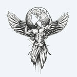 Design del tatuaggio semi-permanente Winged Atlas di INKON – illustrazione alata, figura, regge, globo, illustrativo, 4 x 8 in (11x21cm), disponibile su inkon.co
