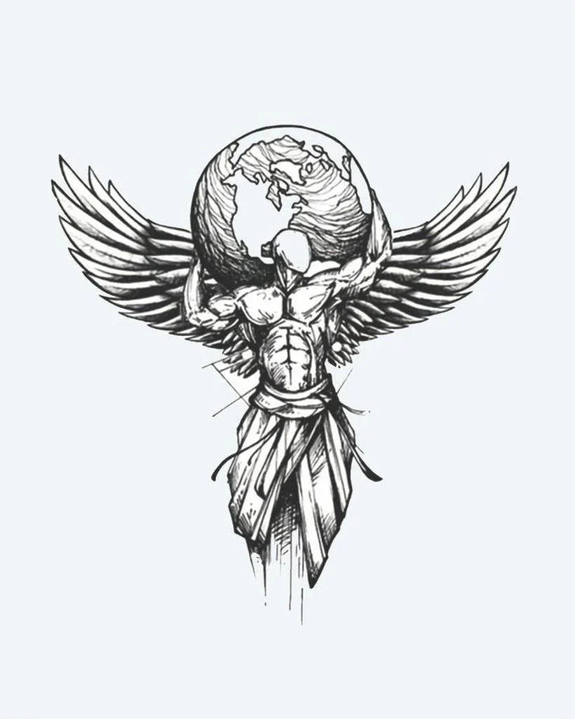 Design del tatuaggio semi-permanente Winged Atlas di INKON – illustrazione alata, figura, regge, globo, illustrativo, 4 x 8 in (11x21cm), disponibile su inkon.co
