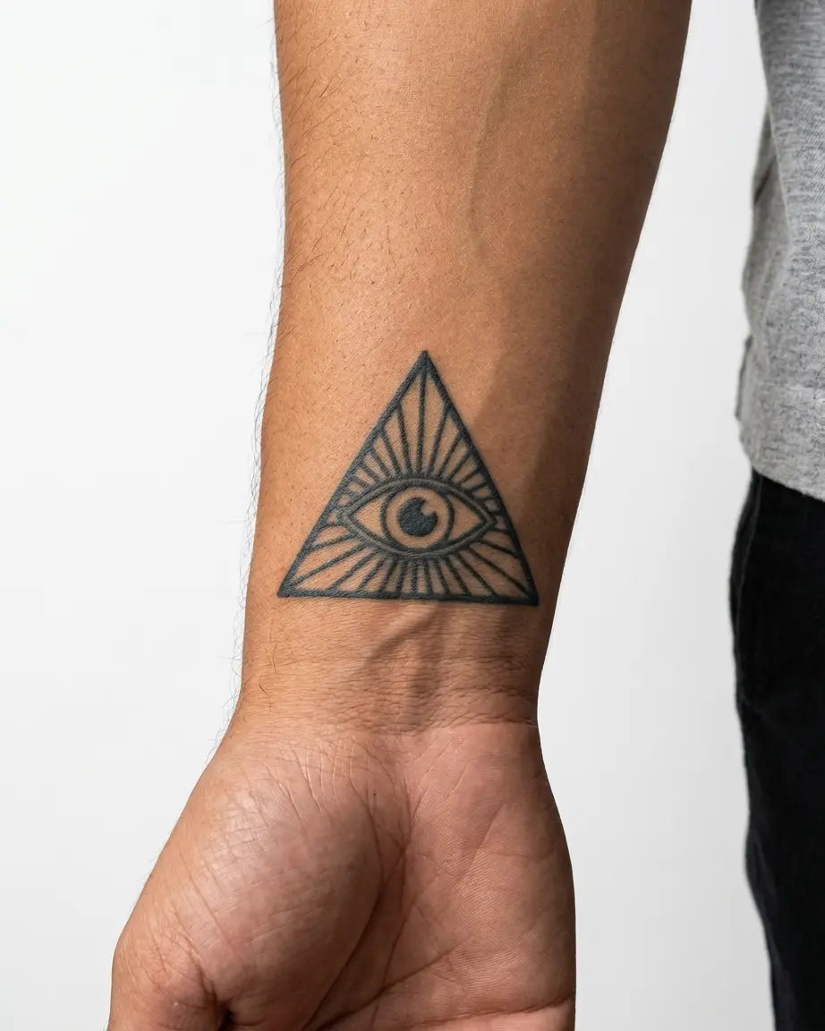 Tatuaggio semi-permanente INKON All-Seeing Eye applicato su un uomo – design 2 x 2 in (5x5cm), aspetto realistico dell'inchiostro, dura 10 giorni