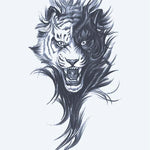 Design del tatuaggio semi-permanente Tigre Ruggente di INKON – illustrazione feroce, ruggente, tigre, testa, drammatico, 4 x 7 in (10x17cm), disponibile su inkon.co