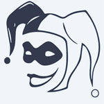 Design del tatuaggio semi-permanente Jester Face di INKON – illustrazione di faccia maliziosa di giullare con cappello a punte, 2 x 2 in (5x5cm), disponibile su inkon.co
