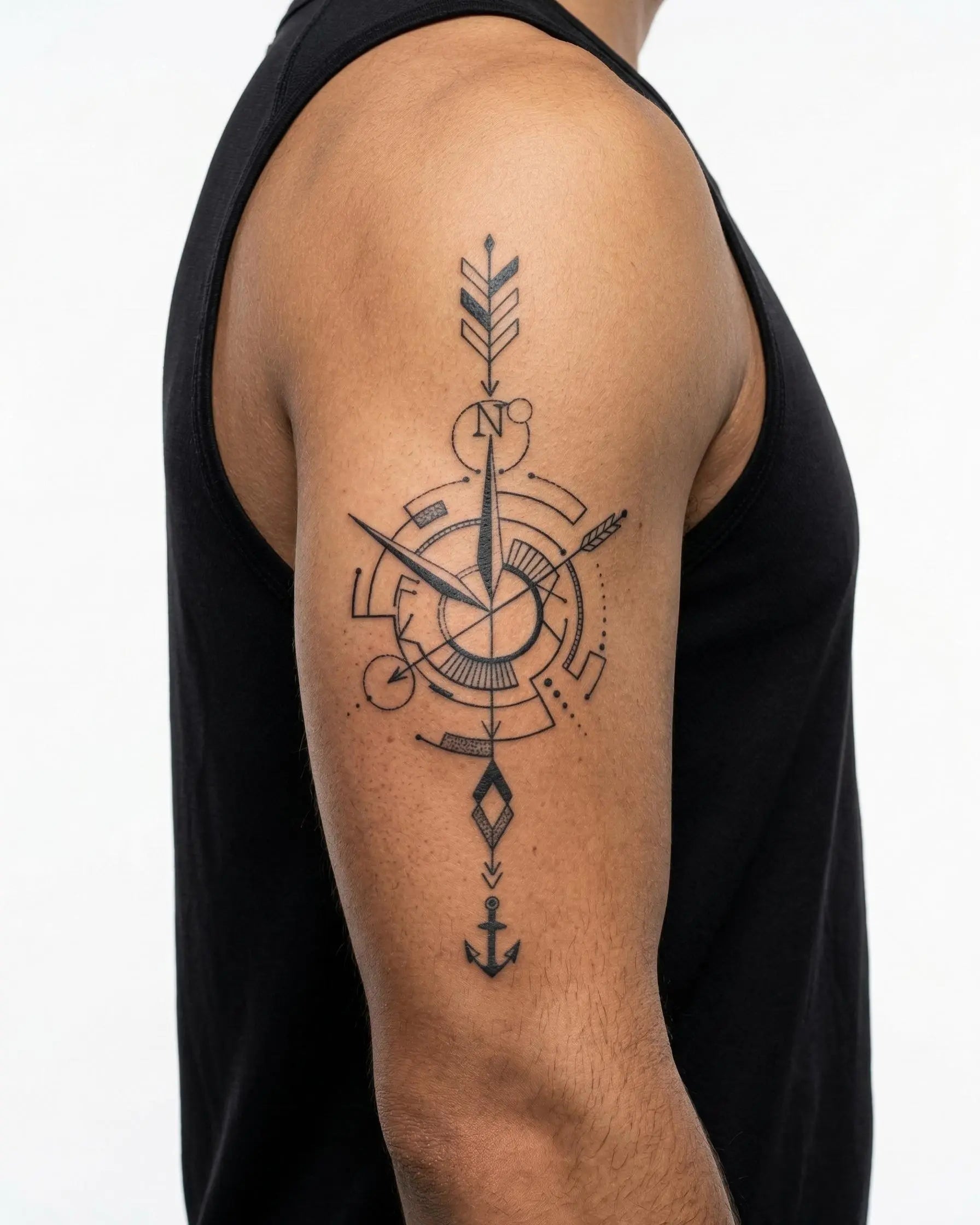 Tatuaggio semi-permanente INKON Bussola e Freccia Nautica applicato su un uomo – design 4 x 7 in (10x17cm), aspetto realistico dell'inchiostro, dura 10 giorni