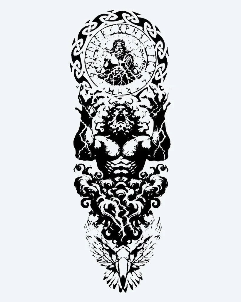 Design del tatuaggio semi-permanente Atlas & Zodiac di INKON – illustrazione muscolosa, atlante, figura, regge, cieli, 8 x 20 in (20x50cm), disponibile su inkon.co