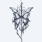 Design del tatuaggio semi-permanente Farfalla e Spada di INKON – illustrazione farfalla, ali, trafitta, lunga, spada, 4 x 7 in (10x17cm), disponibile su inkon.co