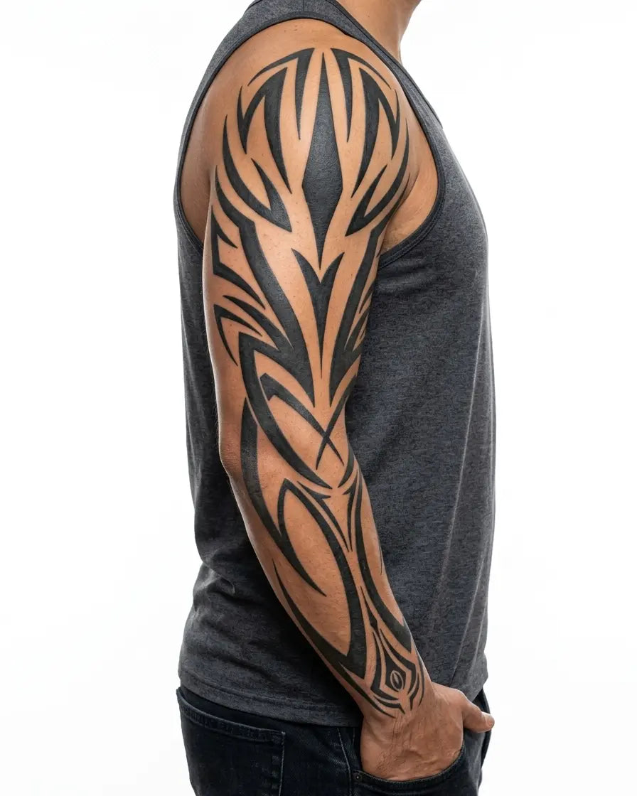 Tatuaggio semi-permanente INKON Bold Tribal Crest applicato su un uomo – design 8 x 20 in (20x50cm), aspetto realistico dell'inchiostro, dura 10 giorni