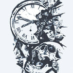 Design del tatuaggio semi-permanente Orologio in Frantumi e Teschio di INKON – illustrazione frantumi, orologio, romani, numeri, sgretola, 4 x 7 in (10x17cm), disponibile su inkon.co