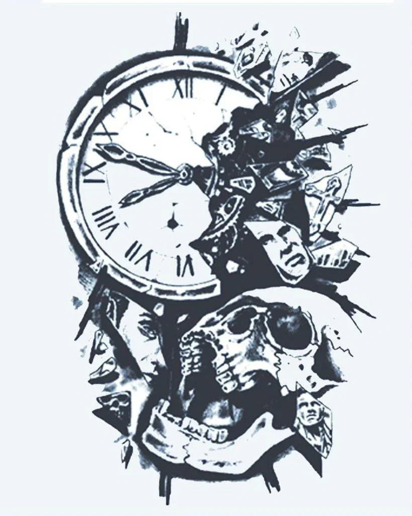 Design del tatuaggio semi-permanente Orologio in Frantumi e Teschio di INKON – illustrazione frantumi, orologio, romani, numeri, sgretola, 4 x 7 in (10x17cm), disponibile su inkon.co