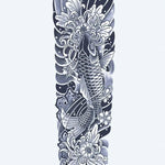 Design del tatuaggio semi-permanente Koi Fish & Chrysanthemum Sleeve di INKON – illustrazione giapponese, irezumi, manica, intera, pesce, 8 x 20 in (20x50cm), disponibile su inkon.co