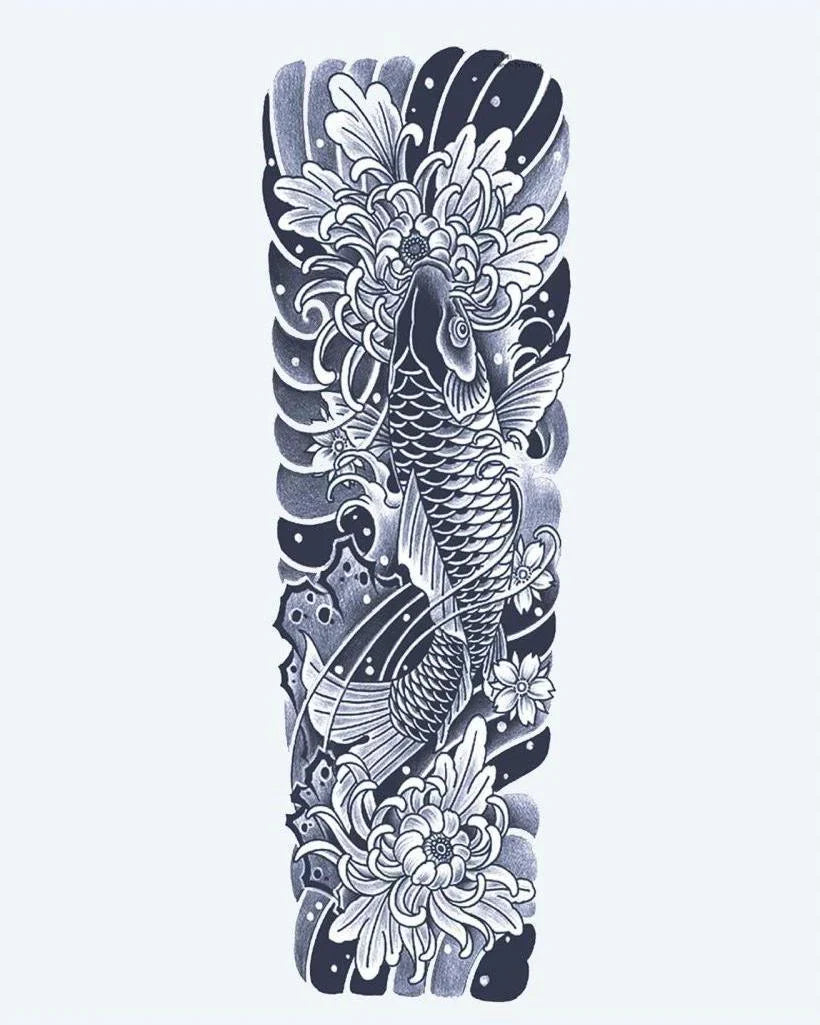 Design del tatuaggio semi-permanente Koi Fish & Chrysanthemum Sleeve di INKON – illustrazione giapponese, irezumi, manica, intera, pesce, 8 x 20 in (20x50cm), disponibile su inkon.co