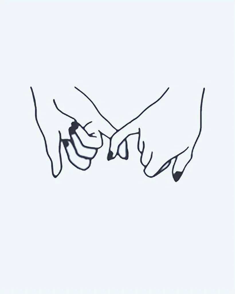 Design del tatuaggio semi-permanente Pinky Promise di INKON – illustrazione dolce, mignolo, promessa, mostra, mani, 2 x 2 in (5x5cm), disponibile su inkon.co