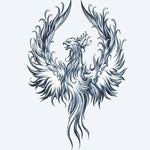 Design del tatuaggio semi-permanente Phoenix Rising 2 di INKON – illustrazione magnifico, fenice, spiegate, ali, fluenti, 4 x 8 in (11x21cm), disponibile su inkon.co