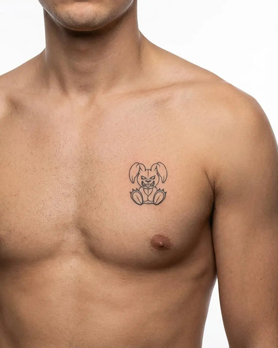 Tatuaggio semi-permanente INKON Evil Bunny applicato su un uomo – design 2 x 2 in (5x5cm), aspetto realistico dell'inchiostro, dura 10 giorni