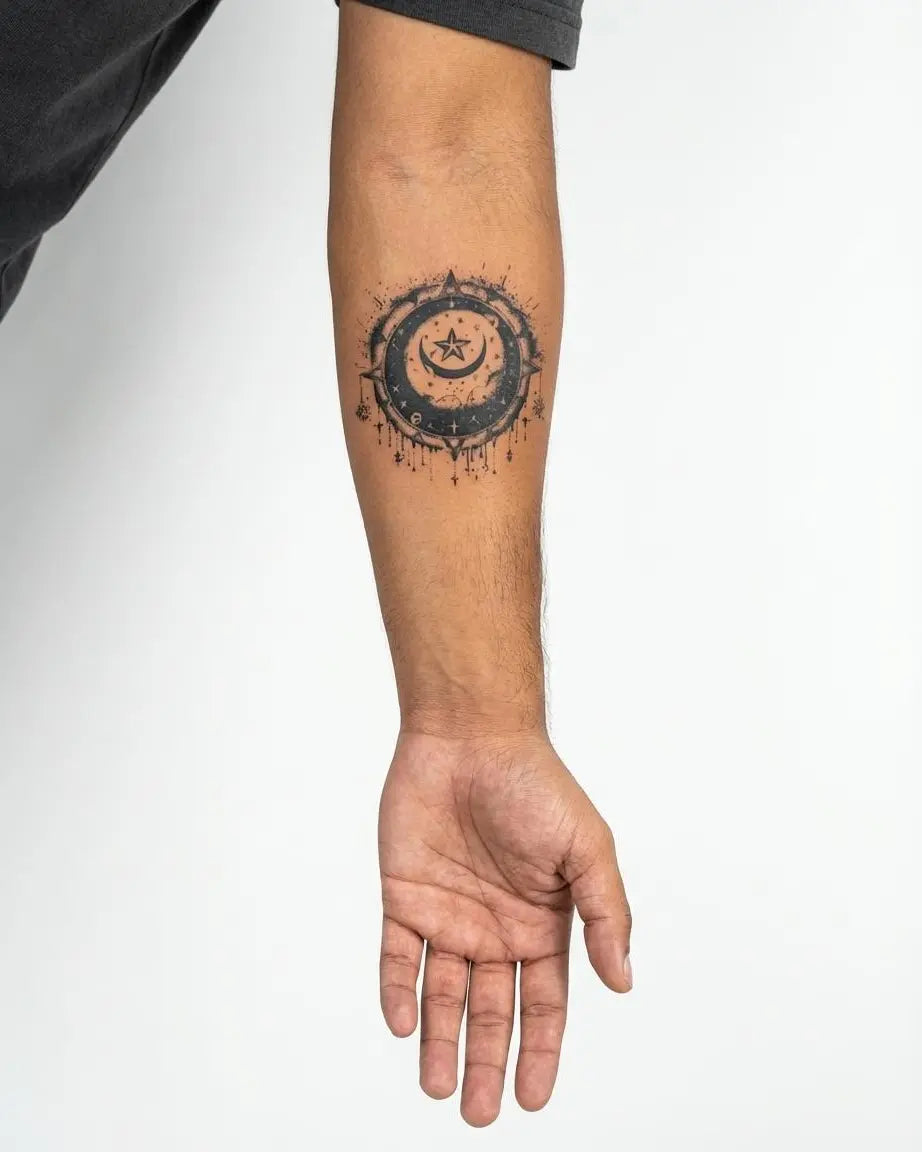 Tatuaggio semi-permanente INKON Celestial Moon & Star applicato su un uomo – design 3 x 4 in (7x10cm), aspetto realistico dell'inchiostro, dura 10 giorni