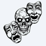 Design del tatuaggio semi-permanente Skull & Drama Masks di INKON – illustrazione a puntinato di teschio chicano con maschere teatrali, 4 x 7 in (10x17cm), disponibile su inkon.co