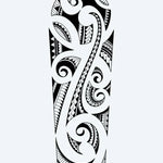Design del tatuaggio semi-permanente Maori Spiral Sleeve di INKON – illustrazione autentica maori con spirali koru, 8 x 20 in (20x50cm), disponibile su inkon.co