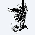 Design del tatuaggio semi-permanente Fallen Angel Battle di INKON – illustrazione drammatico, caduto, angelo, raffigura, alata, 4 x 8 in (11x21cm), disponibile su inkon.co