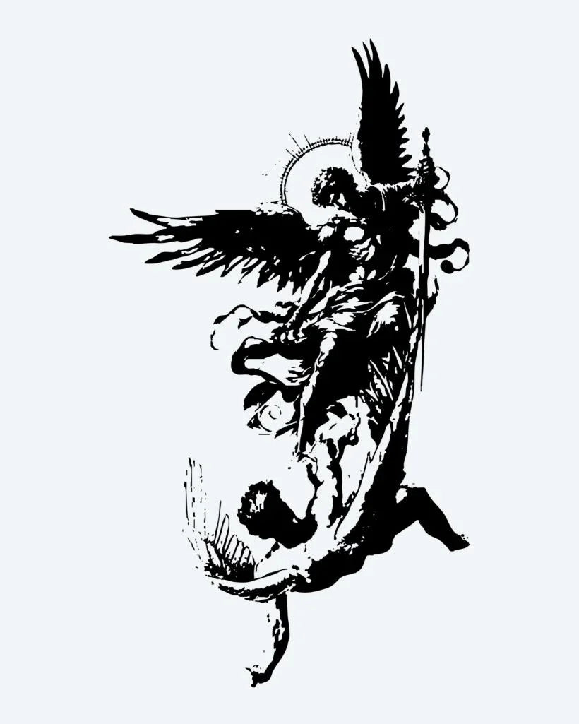 Design del tatuaggio semi-permanente Fallen Angel Battle di INKON – illustrazione drammatico, caduto, angelo, raffigura, alata, 4 x 8 in (11x21cm), disponibile su inkon.co