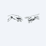 Design del tatuaggio semi-permanente Creation Hands di INKON – illustrazione linea, sottile, michelangelo, creazione, adamo, 3 x 4 in (6x11cm), disponibile su inkon.co