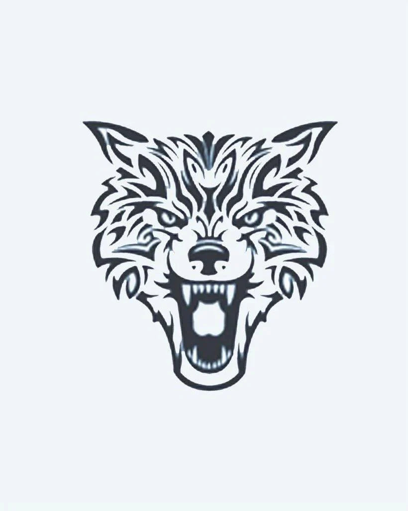 Design del tatuaggio semi-permanente Tribal Wolf di INKON – illustrazione ringhiante, lupo, muso, tribale, nette, 3 x 4 in (7x10cm), disponibile su inkon.co