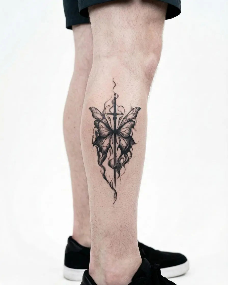 Tatuaggio semi-permanente INKON Farfalla e Spada applicato su un uomo – design 4 x 7 in (10x17cm), aspetto realistico dell'inchiostro, dura 10 giorni