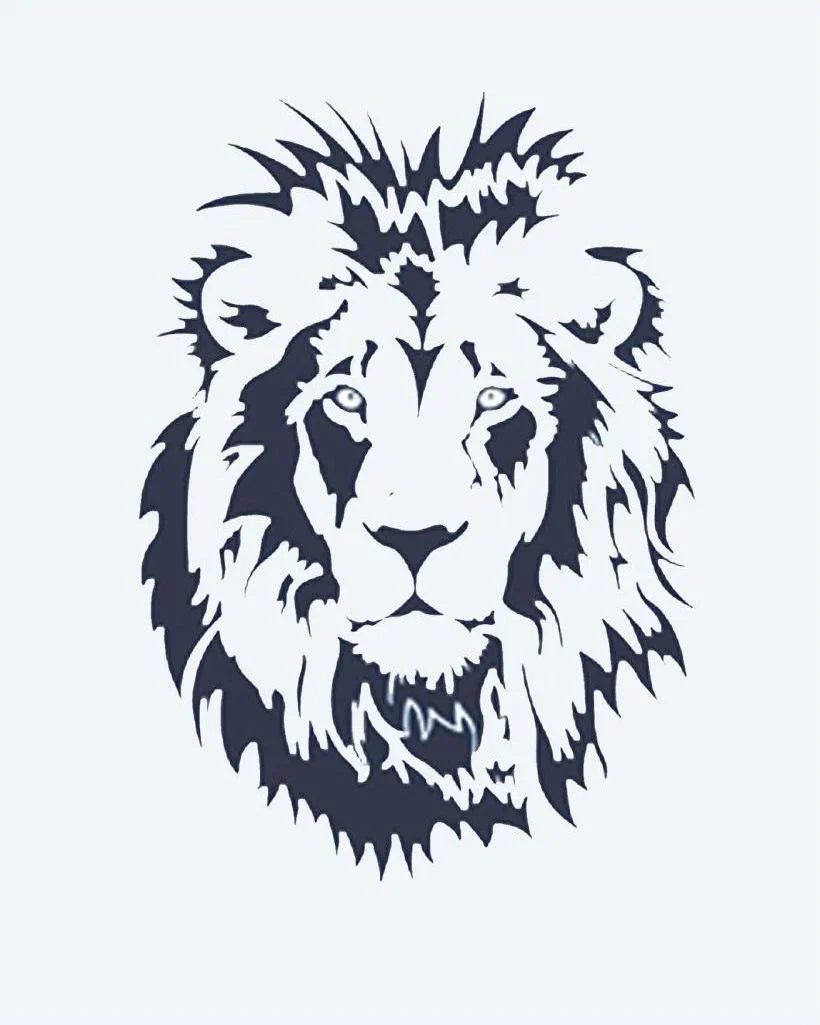 Design del tatuaggio semi-permanente Lion Portrait di INKON – illustrazione di maestoso ritratto del volto di un leone, 2 x 2 in (5x5cm), disponibile su inkon.co